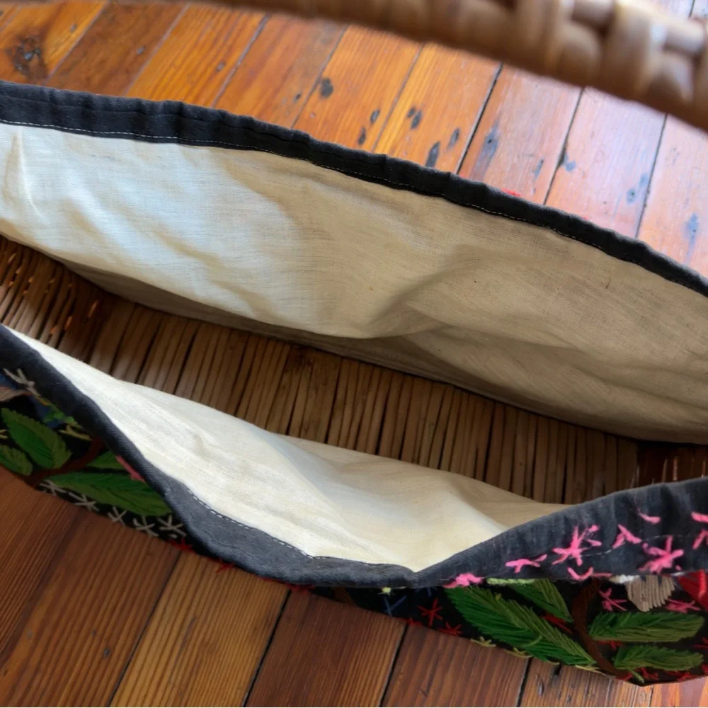 Vintage 70s wicker frame hand embroidered fabric basket tote